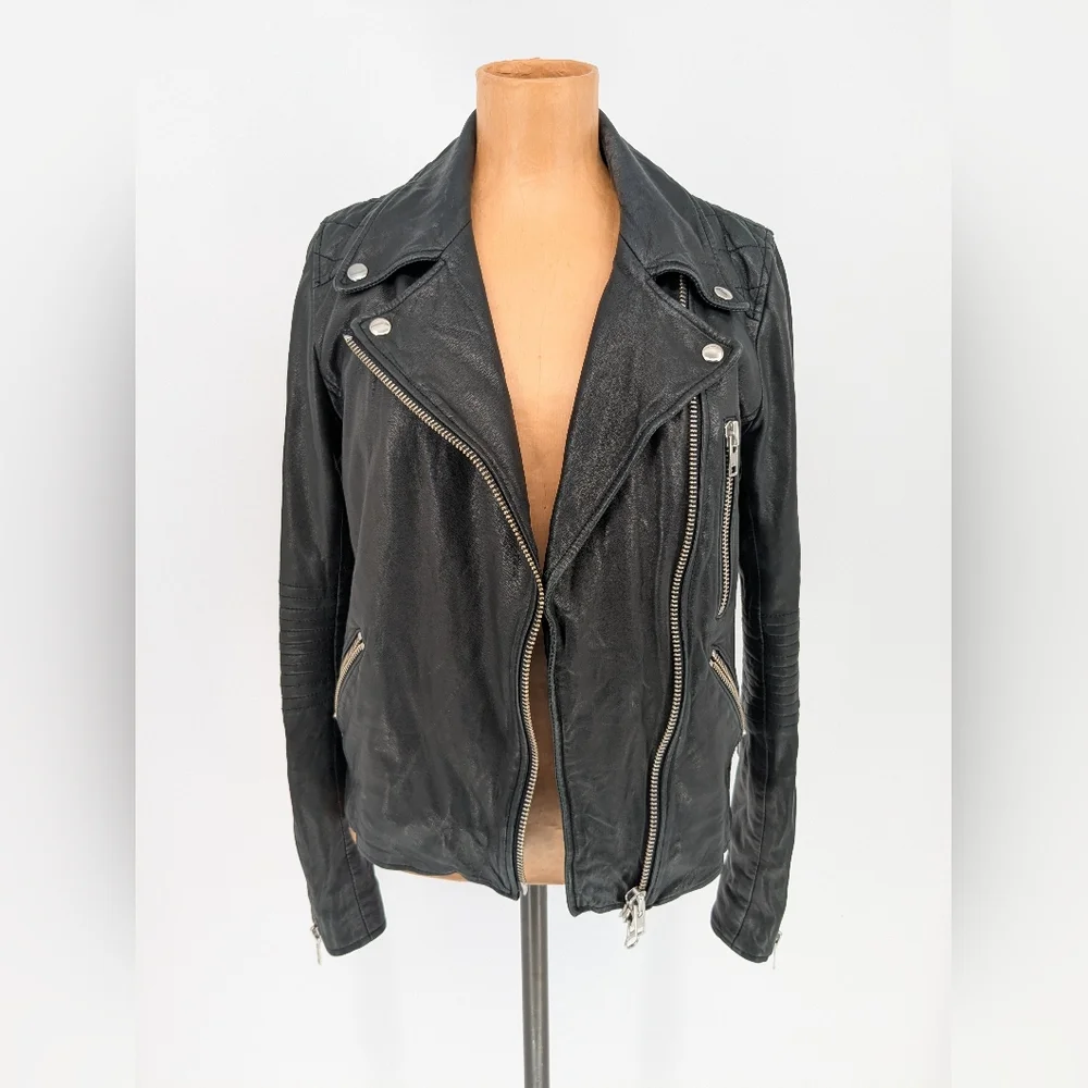 Black Genuine Lambskin Leather Moto Jacket Womens XS Double Zip Slim Biker Chic - Picture 2 of 15